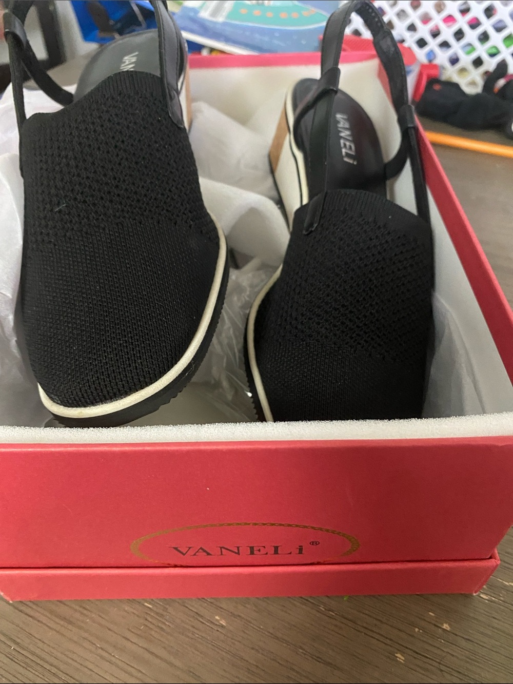 Vaneli Black Knit Slingback Wedge Mules